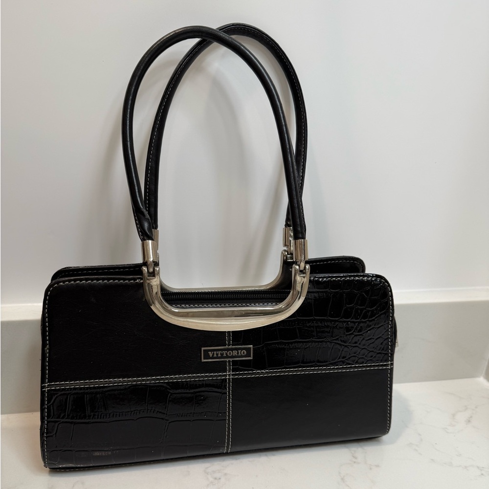 Black Vittorio rectangular handbag, shoulder style with silver type trim